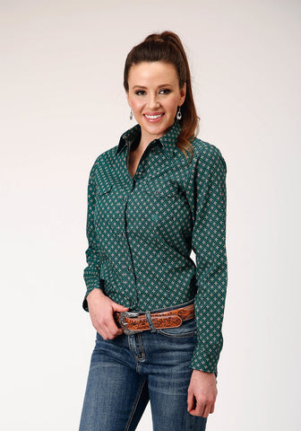 Roper Womens Cross Walk Foulard Blue 100% Cotton L/S Shirt