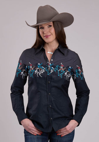 Roper Womens Painterly Rodeo Border Black 100% Cotton L/S Shirt