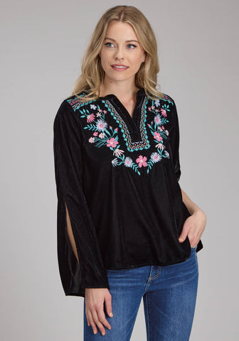 Roper Womens Floral Velvet Black 100% Rayon L/S Blouse