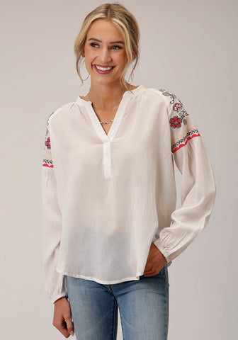 Roper Womens Floral V Placket White 55% Viscose/45% Cotton L/S Blouse