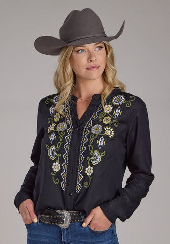 Roper Womens Vertical Floral Border Black 100% Cotton L/S Blouse