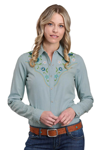 Roper Womens 2668 Floral Embroidery Light Blue 100% Cotton L/S Shirt