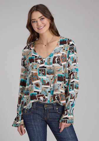 Roper Womens Photo Collage V-Neck Multi-Color 100% Rayon L/S Blouse