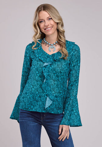 Roper Womens Tooled Floral Teal 100% Polyester L/S Tunic