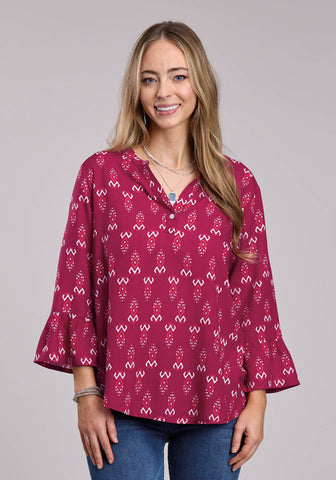 Roper Womens Ikat Print Banded Collar Raspberry 100% Rayon 3/4 Sleeve S/S Tunic