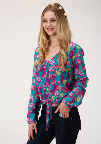 Roper Womens Turquoise/Purple Rayon/Nylon Cactus Print L/S Blouse