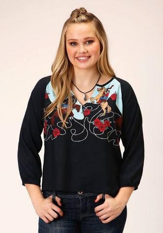 Roper Womens Cowgirl Border Black 100% Rayon L/S Blouse