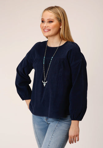 Roper Womens Corduroy Velour Navy 100% Cotton L/S Blouse