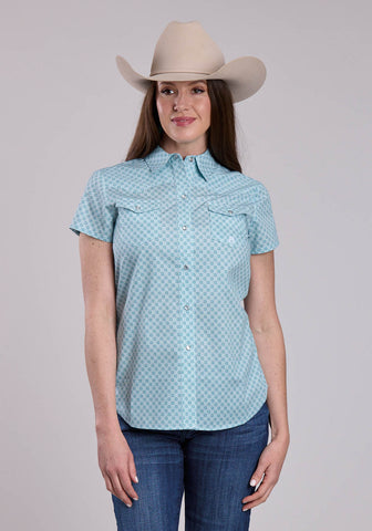 Roper Womens Stretch Four Point Foulard Teal Cotton Blend S/S Shirt