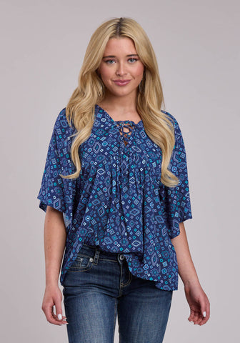 Roper Womens Aztec Peasant Blue 100% Rayon S/S Blouse