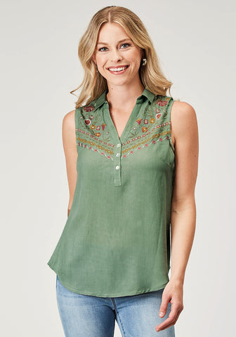Roper Womens Yoke Embroidery Green 100% Cotton S/L Shirt