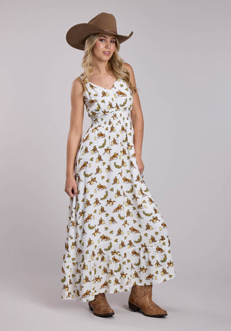 Roper Womens Racers Printed Cream 100% Rayon S/L Dress