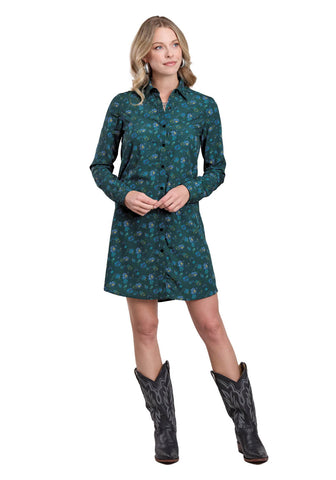 Roper Womens Faux Embroidered Print Teal 100% Polyester L/S Dress