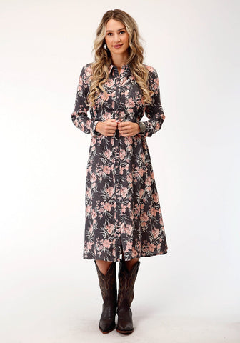 Roper Womens Coral Floral Grey Rayon/Nylon L/S Dress