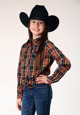 Roper Girls Arrow Dobby Plaid Brown 100% Cotton L/S Shirt