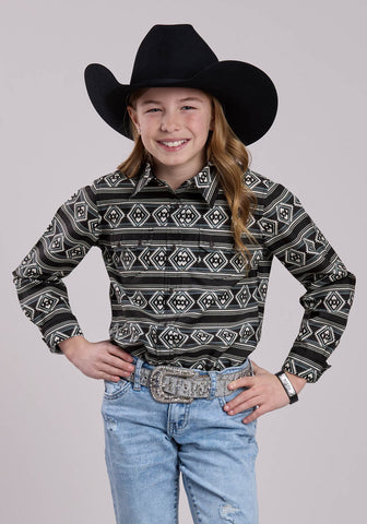 Roper Kids Girls 2697 Aztec Stripe Black 100% Cotton L/S Shirt