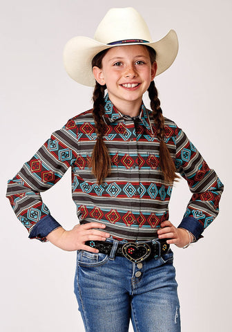 Roper Kids Girls 1898 Aztec Stripe Red 100% Cotton L/S Shirt