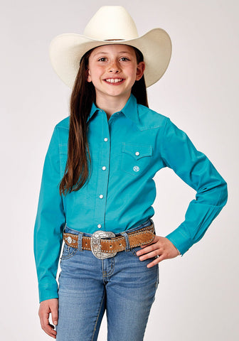 Roper Girls Stretch Poplin Turquoise Cotton Blend L/S Shirt