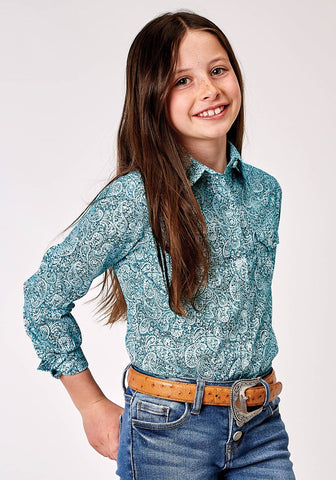 Roper Girls Paisley Stretch Teal Cotton Blend L/S Shirt