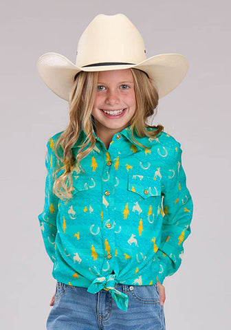 Roper Kids Girls 2525 Vintage Aztec Turquoise 100% Rayon L/S Shirt