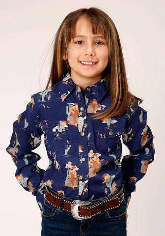 Roper Girls Cowboy Toile Blue 100% Rayon L/S Shirt