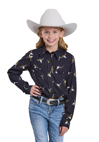 Roper Kids Girls Longhorn Skulls Black 100% Rayon L/S Shirt