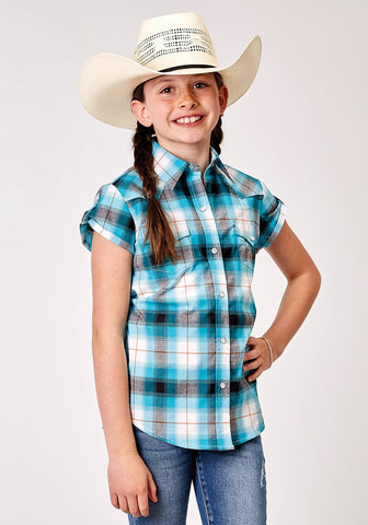 Roper Girls Plaid Poplin Turquoise Cotton Blend S/S Shirt