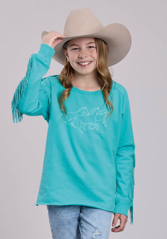 Roper Kids Girls Running Horses Fringe Turquoise 100% Cotton Sweatshirt