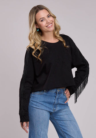 Roper Womens Fringe Raglan Black 100% Cotton Sweatshirt