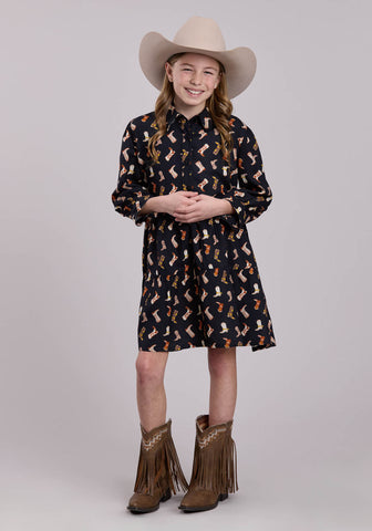Roper Kids Girls Boot Printed Black 100% Rayon L/S Dress
