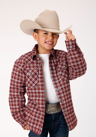 Roper Boys Sherpa Lined Plaid Wine 100% Cotton L/S Shirt