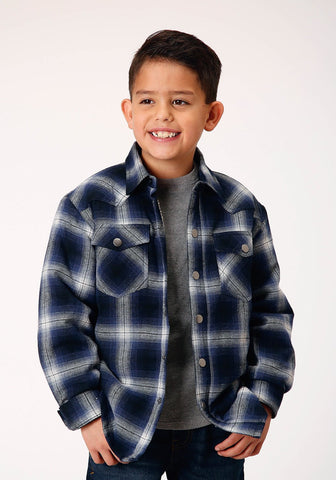 Roper Boys Sherpa Lined Plaid Blue 100% Cotton L/S Shirt