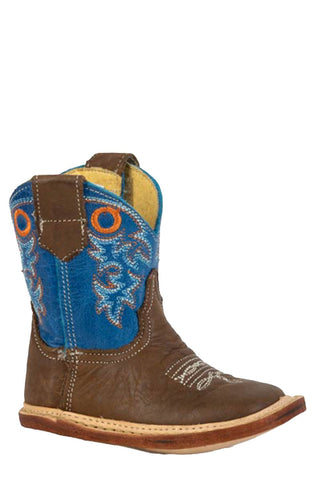 Roper Infant Unisex Cowbabies Kash Brown/Blue Leather 3.5in Cowboy Boots