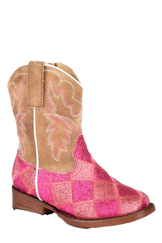 Roper Toddler Girls Glitter Blocks Pink/Tan Faux Leather Cowboy Boots