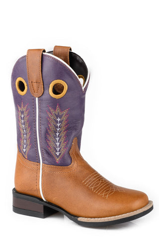 Roper Kids Unisex James Purple/Tan Leather Cowboy Boots