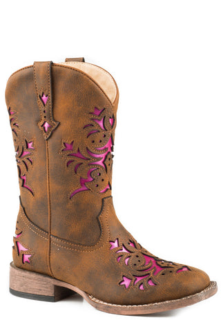 Roper Kids Girls Lola Brown/Pink Faux Leather Cowboy Boots