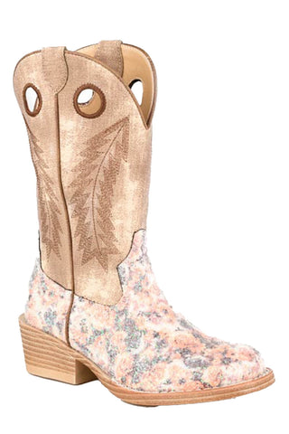 Roper Kids Girls Willow Glitter Tan Faux Leather Cowboy Boots