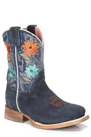 Roper Kids Girls Flower Power Denim Blue Suede 8in Cowboy Boots