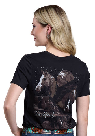 Tin Haul Womens Running Horses Collage Black Cotton Blend S/S T-Shirt