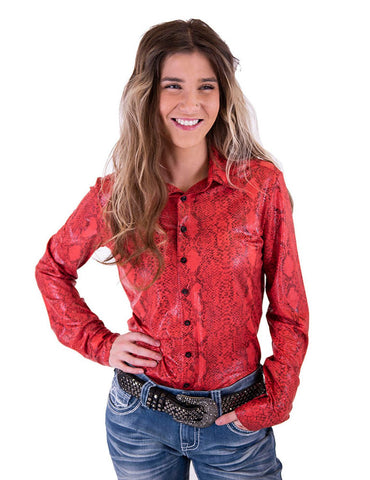 Cowgirl Tuff Womens Snakeskin Pullover Red Polyester L/S Shirt