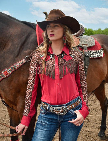 Cowgirl Tuff Womens Rose Patch Fringe Red Nylon L/S Shirt
