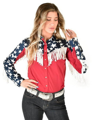 Cowgirl Tuff Womens Patriotic Stars Fringe Multi-Color Poly/Spandex L/S Blouse