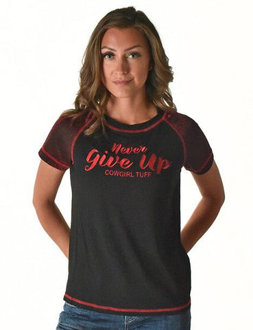 Cowgirl Tuff Womens Never Give Up Shimmer Dark Red Nylon S/S T-Shirt