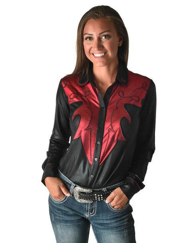 Cowgirl Tuff Womens Western Metallic Black/Red Polyester L/S Shirt