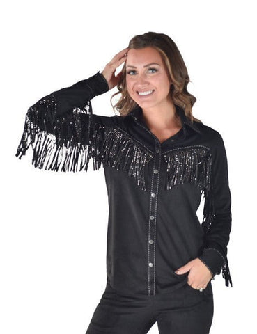 Cowgirl Tuff Womens Crystal Fringe Black Polyester L/S Shirt