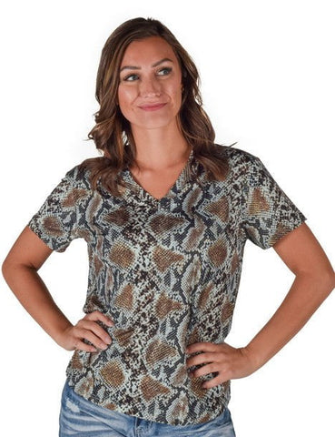Cowgirl Tuff Womens Flowy V-Neck Snake Dusty Blue Poly/Spandex S/S T-Shirt