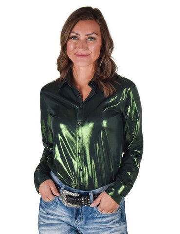 Cowgirl Tuff Womens Shiny Metallic Dark Green Polyester L/S Shirt