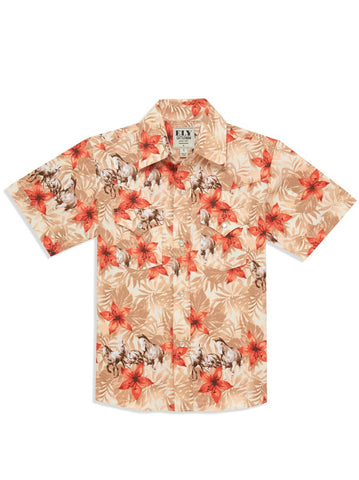 Ely and Walker Kids Boys Hawaiian Horse Print Tan 100% Cotton S/S Shirt