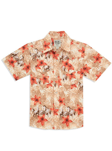Ely and Walker Kids Boys Hawaiian Horse Print Tan 100% Cotton S/S Shirt