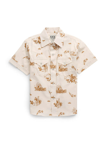 Ely and Walker Kids Boys Cowboy Print Snap Ecru 100% Cotton S/S Shirt